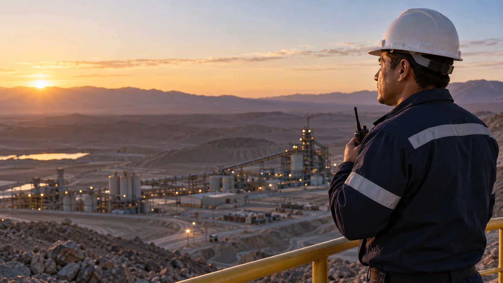 Escena referencial generada con IA: profesional de seguridad en una instalación industrial del desierto